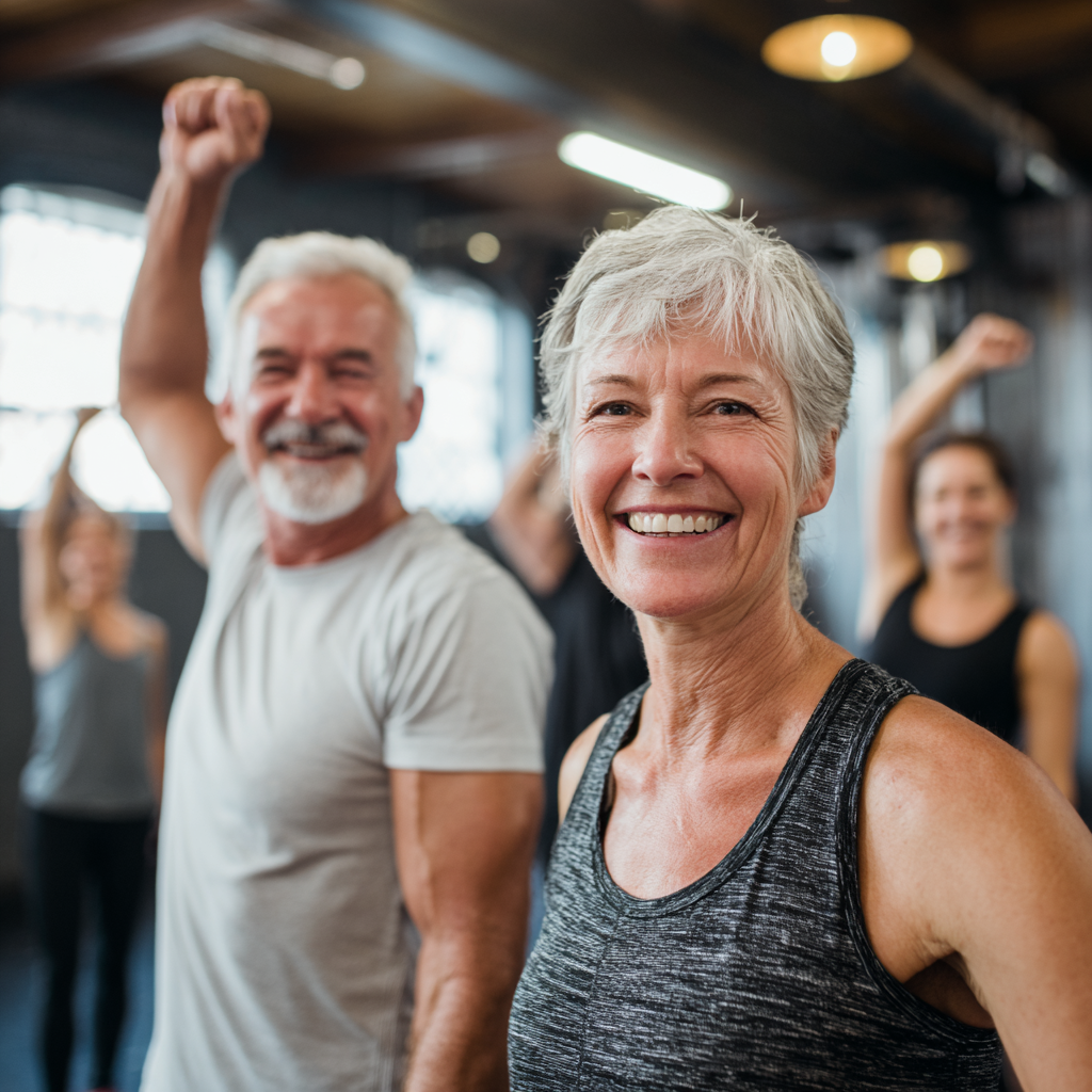 Mature adults celebrating fitness achievements in professional gym setting