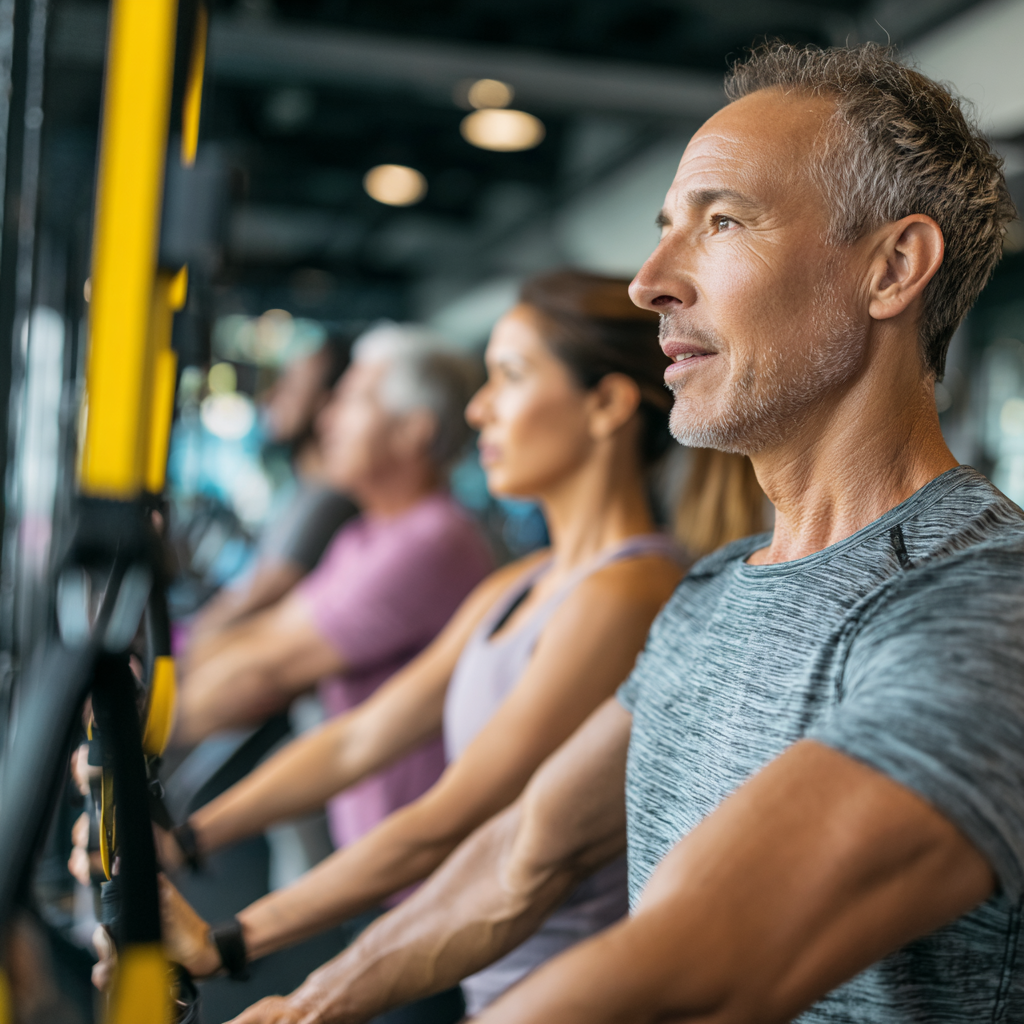 Middle-aged adults engaging in diverse fitness activities at modern gym equipment